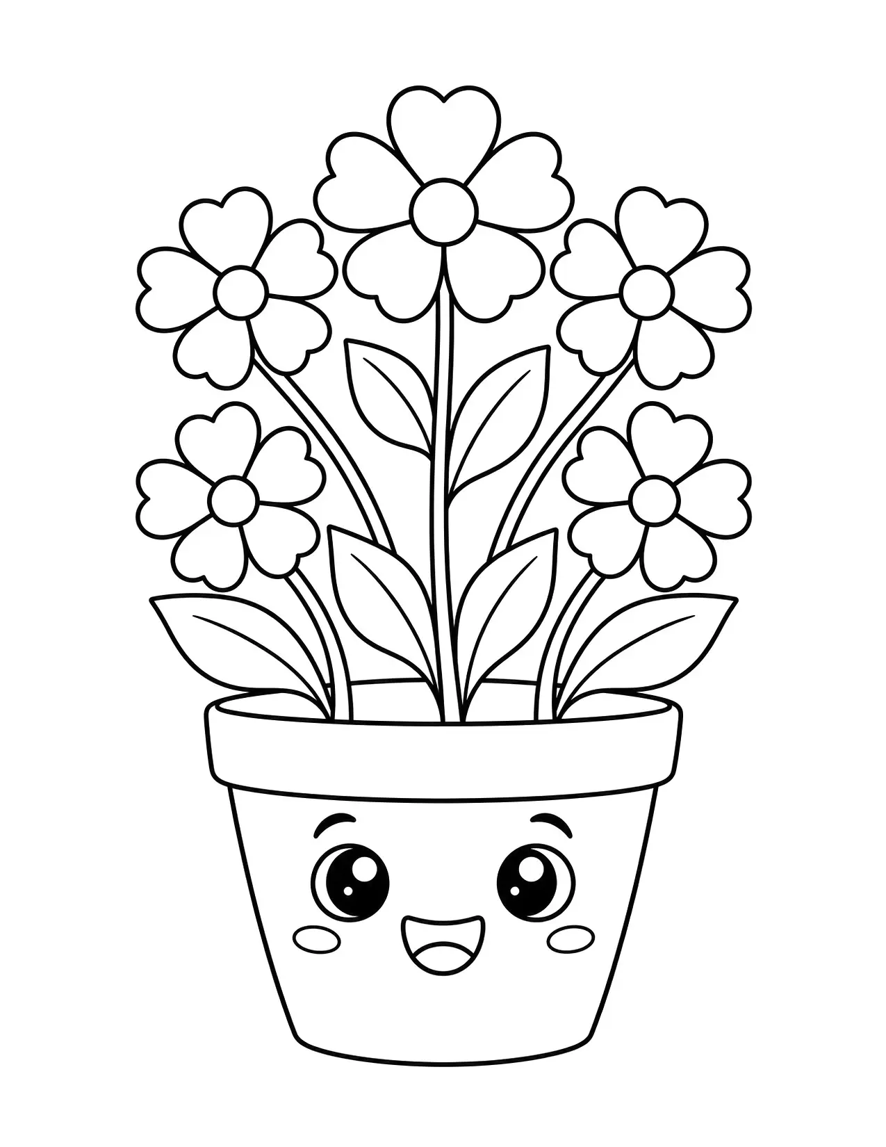 Valentine's Day coloring page of a flower pot with flowers whose petals are hearts