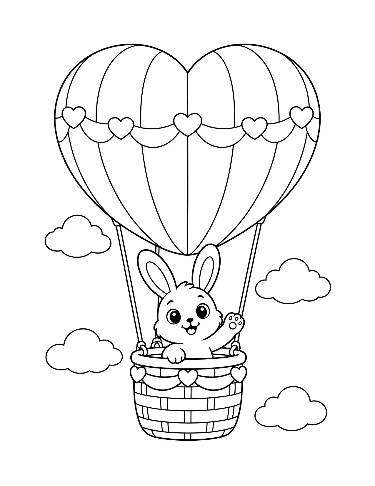 Valentine's Day coloring page of a heart-shaped hot air balloon with a bunny waving from the basket