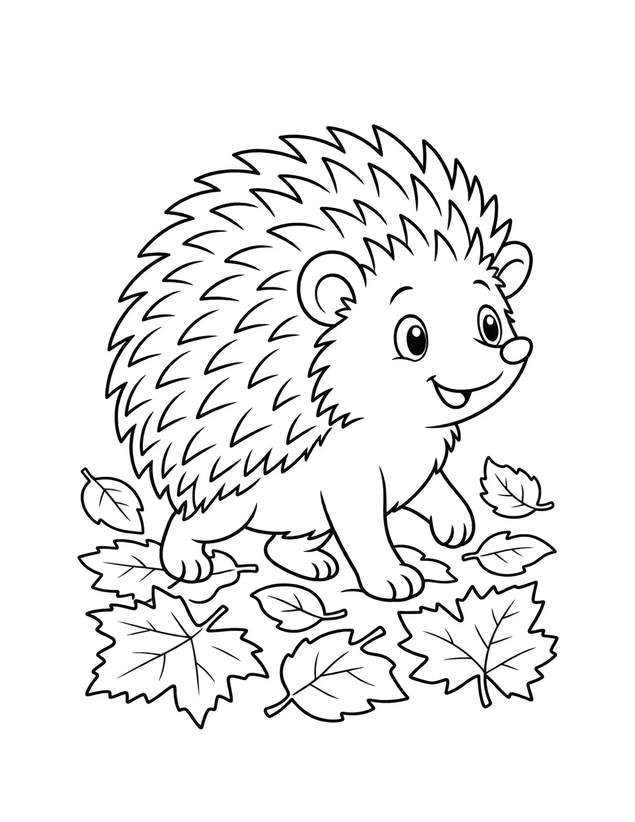Fall coloring page of a hedgehog walking through fallen leaves