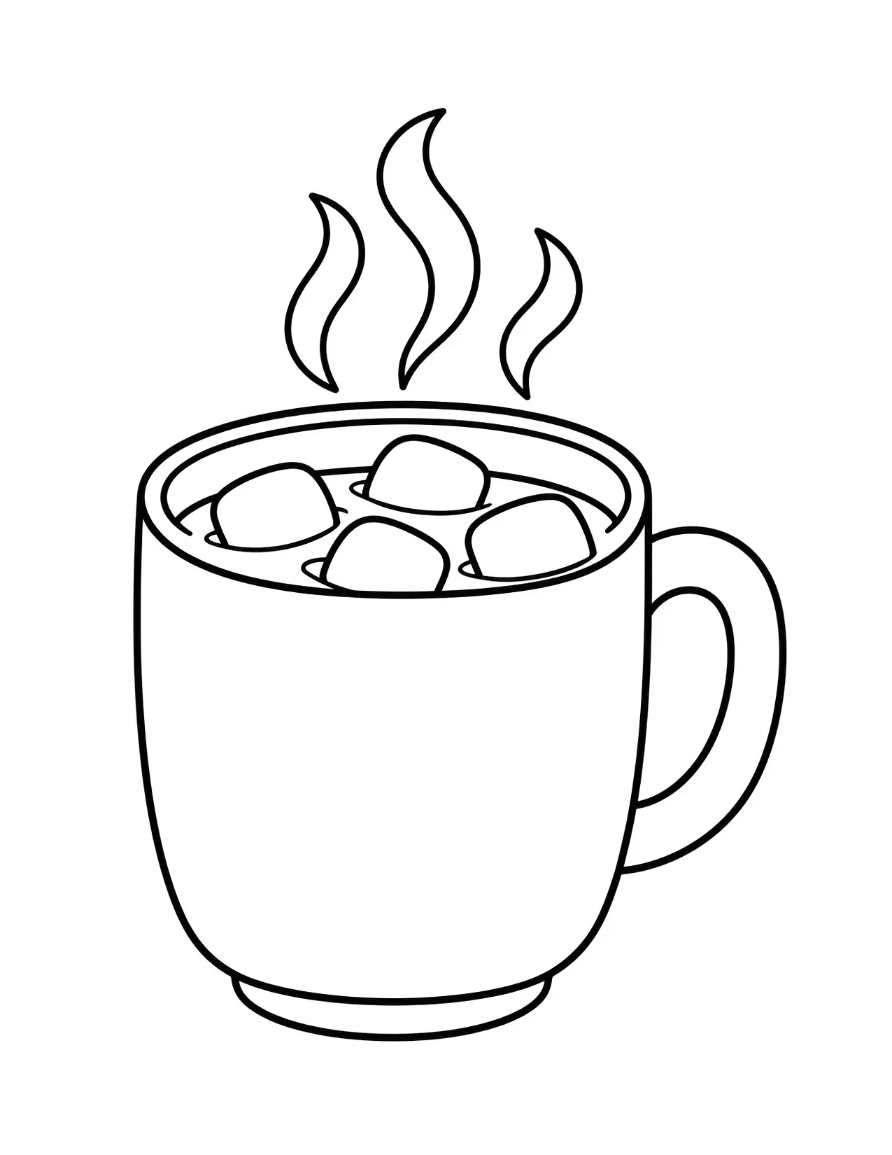 Winter coloring page of a mug of hot cocoa with marshmallows