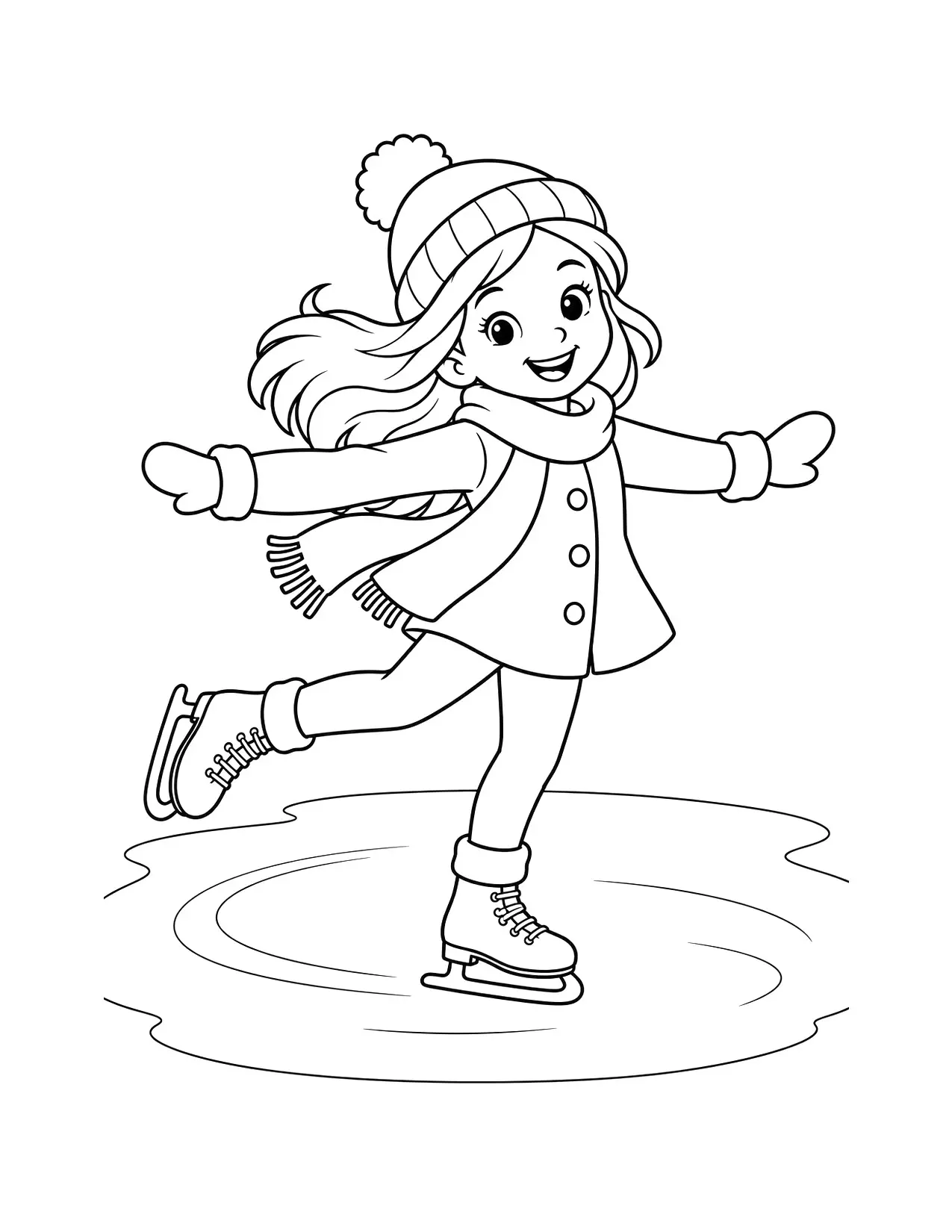 Winter coloring page of a girl ice skating on a frozen pond