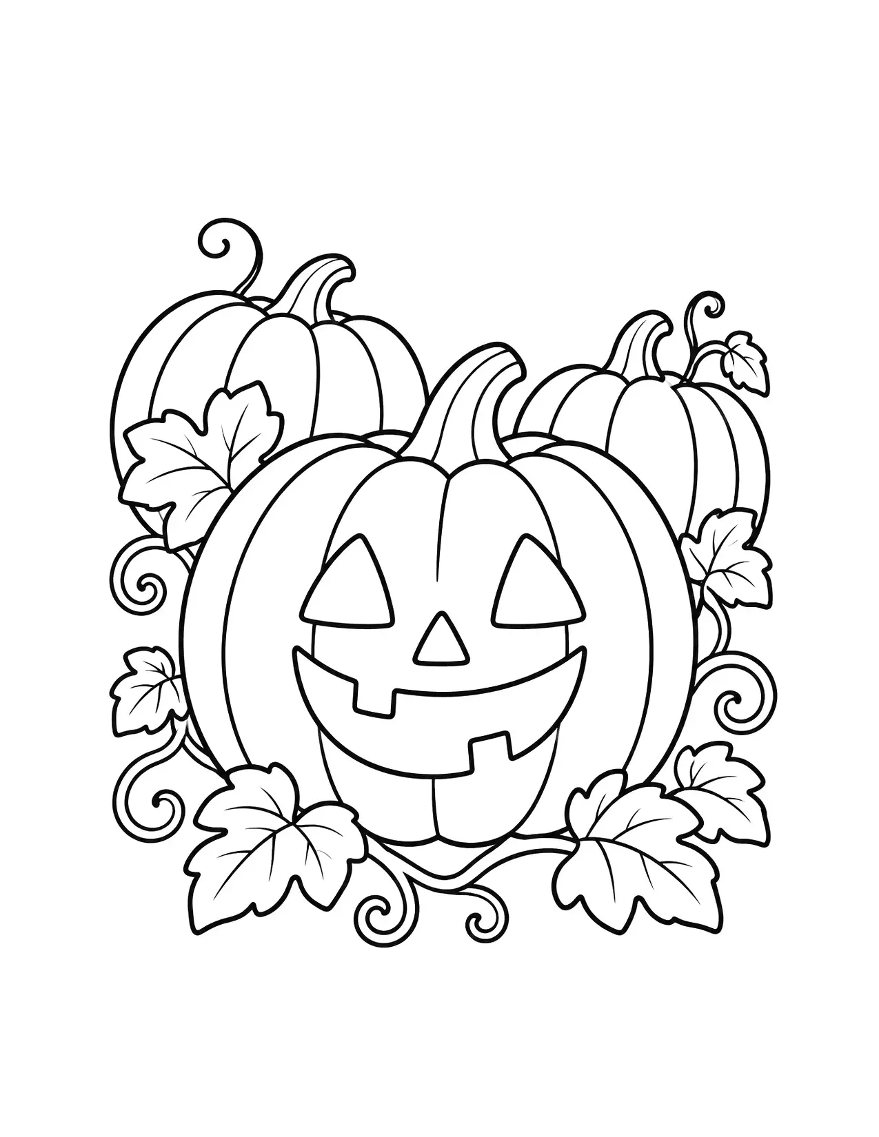Halloween coloring page of a smiling jack-o'-lantern in a pumpkin patch