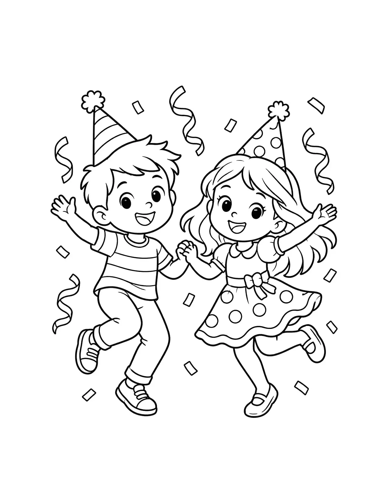 New Year coloring page of two kids in party hats dancing with streamers