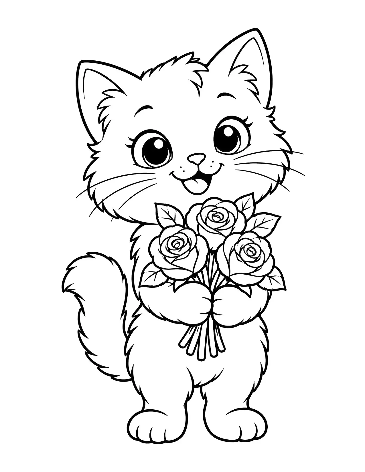 Valentine's Day coloring page of a kitten holding a small bouquet of roses