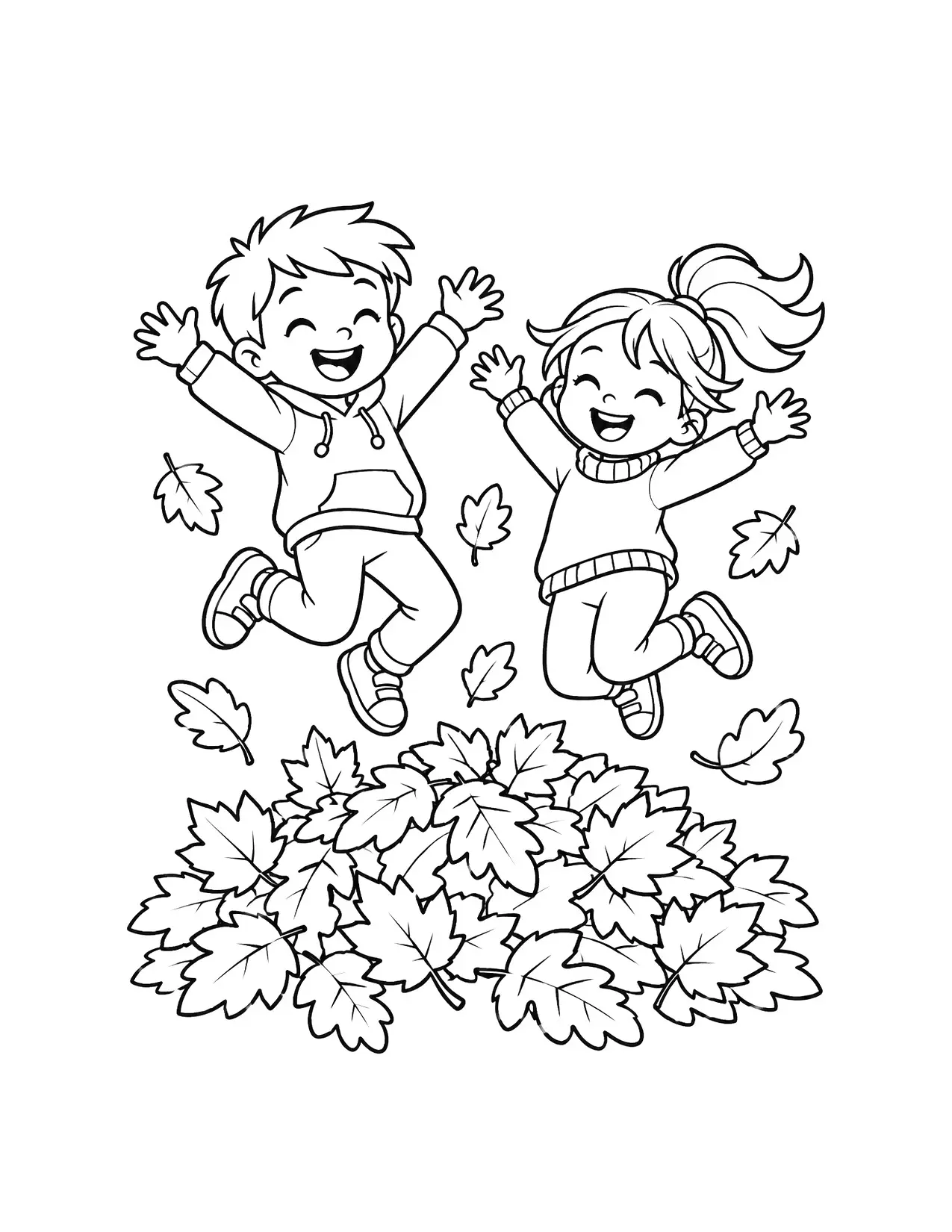 Fall coloring page of two children jumping into a pile of autumn leaves