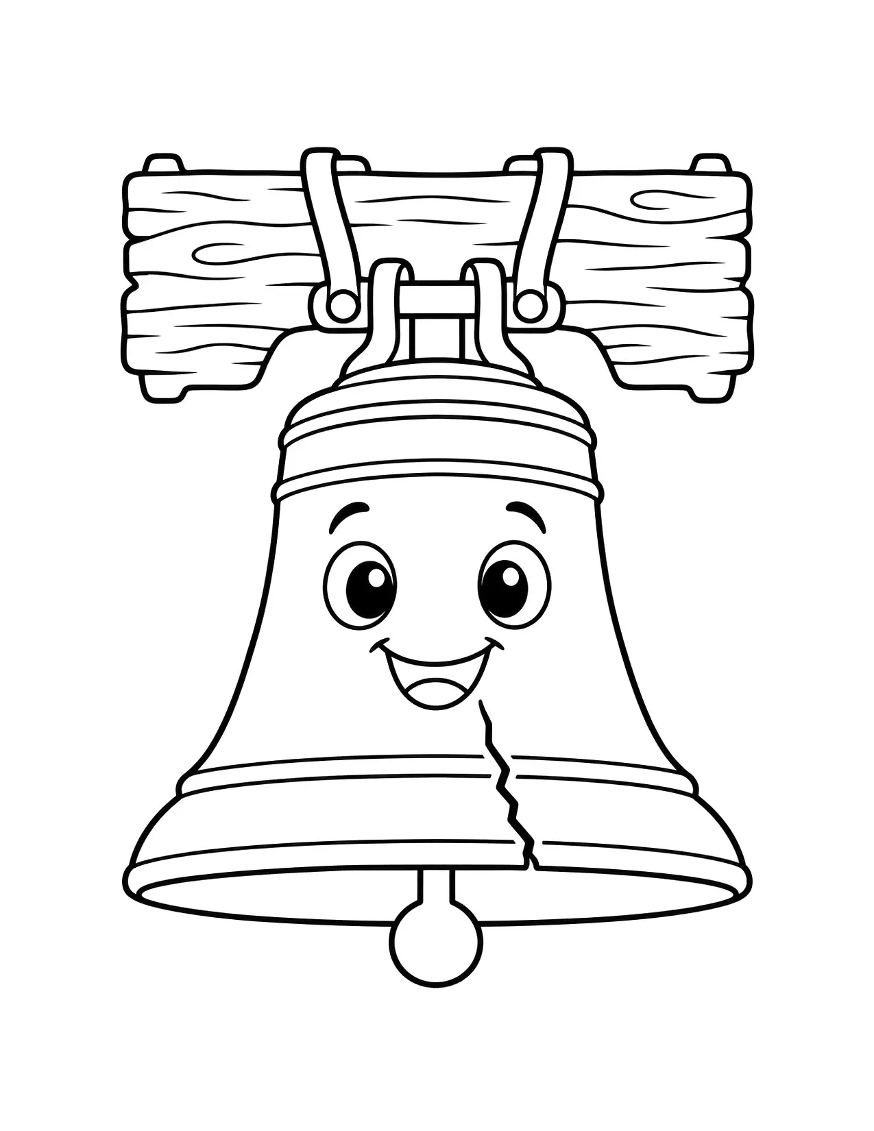 4th of July coloring page of the Liberty Bell hanging from a wooden beam