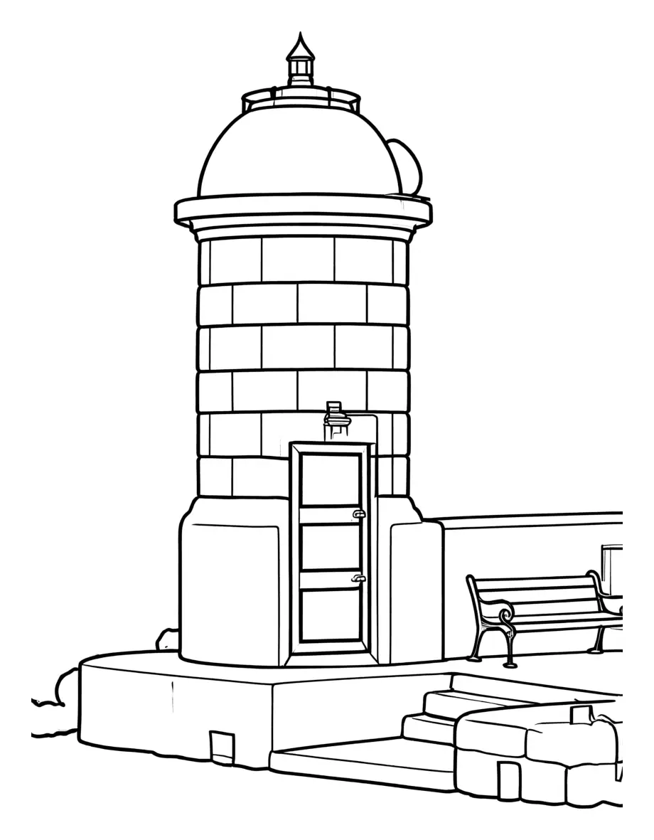Coloring page of a lighthouse on a harbor wall with a bench, made from the photo