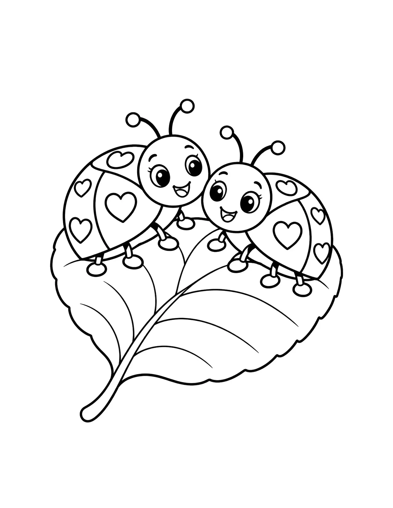 Valentine's Day coloring page of two smiling ladybugs with heart-shaped spots on a leaf
