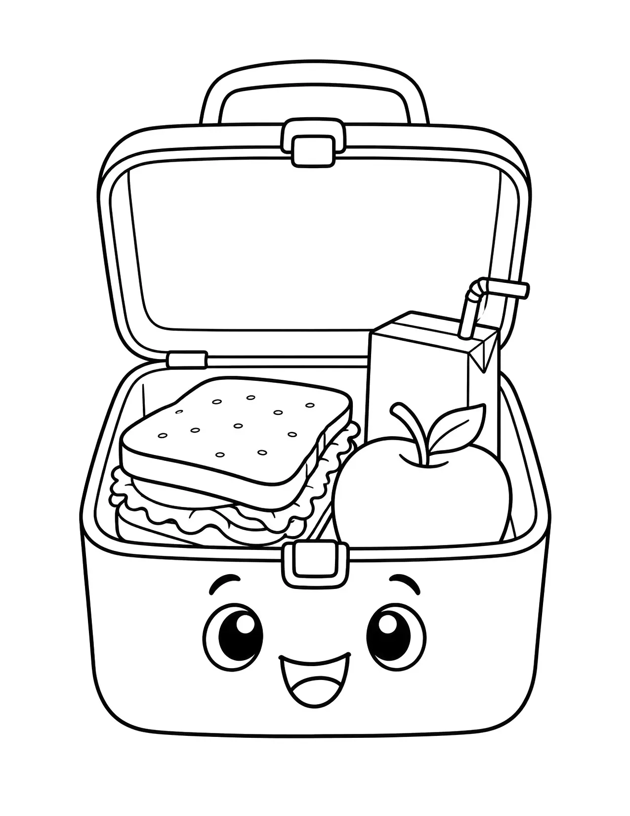 Back to school coloring page of an open lunchbox with a sandwich, an apple and a juice box