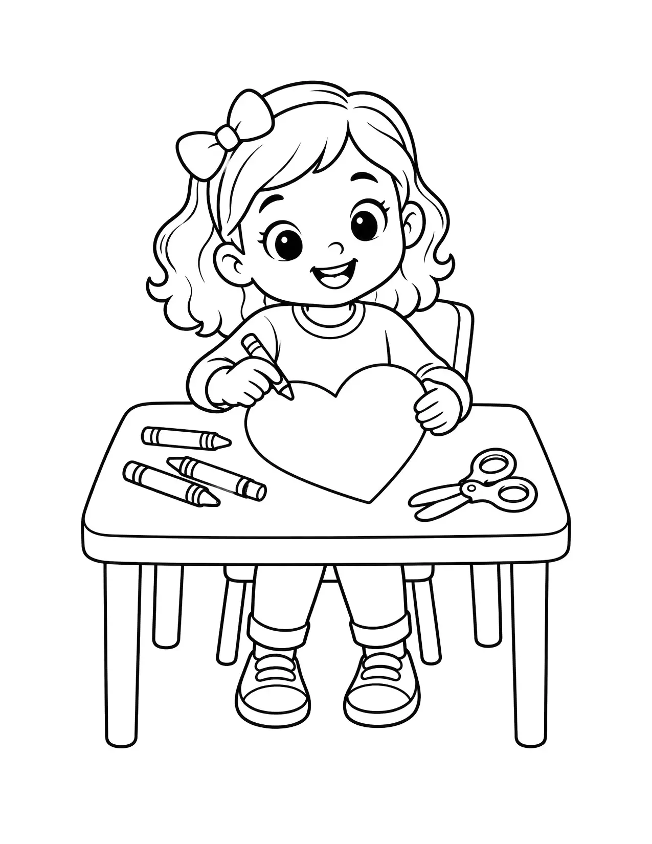 Valentine's Day coloring page of a child making a heart-shaped card with crayons and scissors
