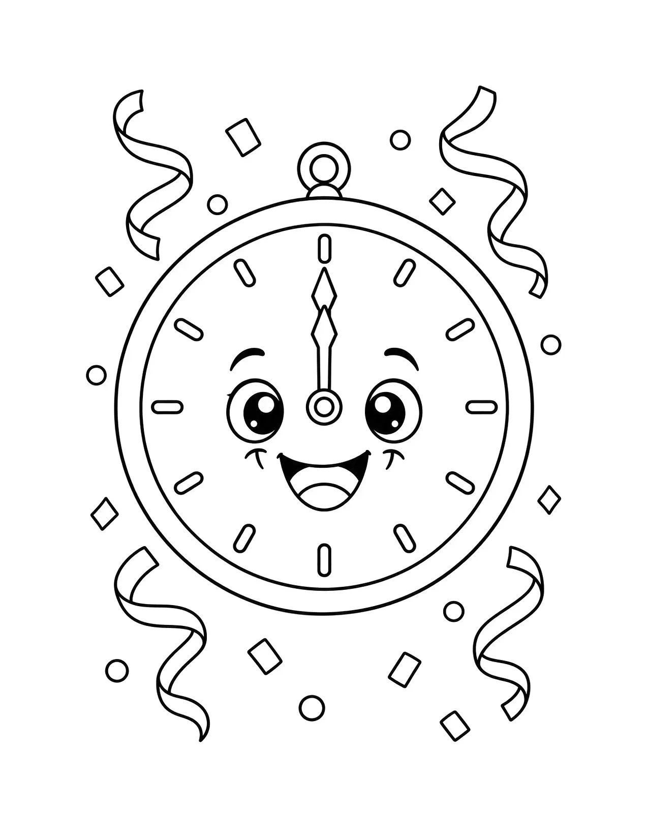 New Year coloring page of a smiling clock with both hands at midnight