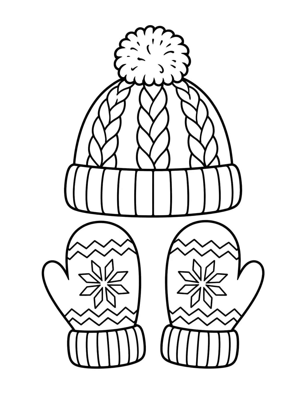 Winter coloring page of knitted mittens and a bobble hat
