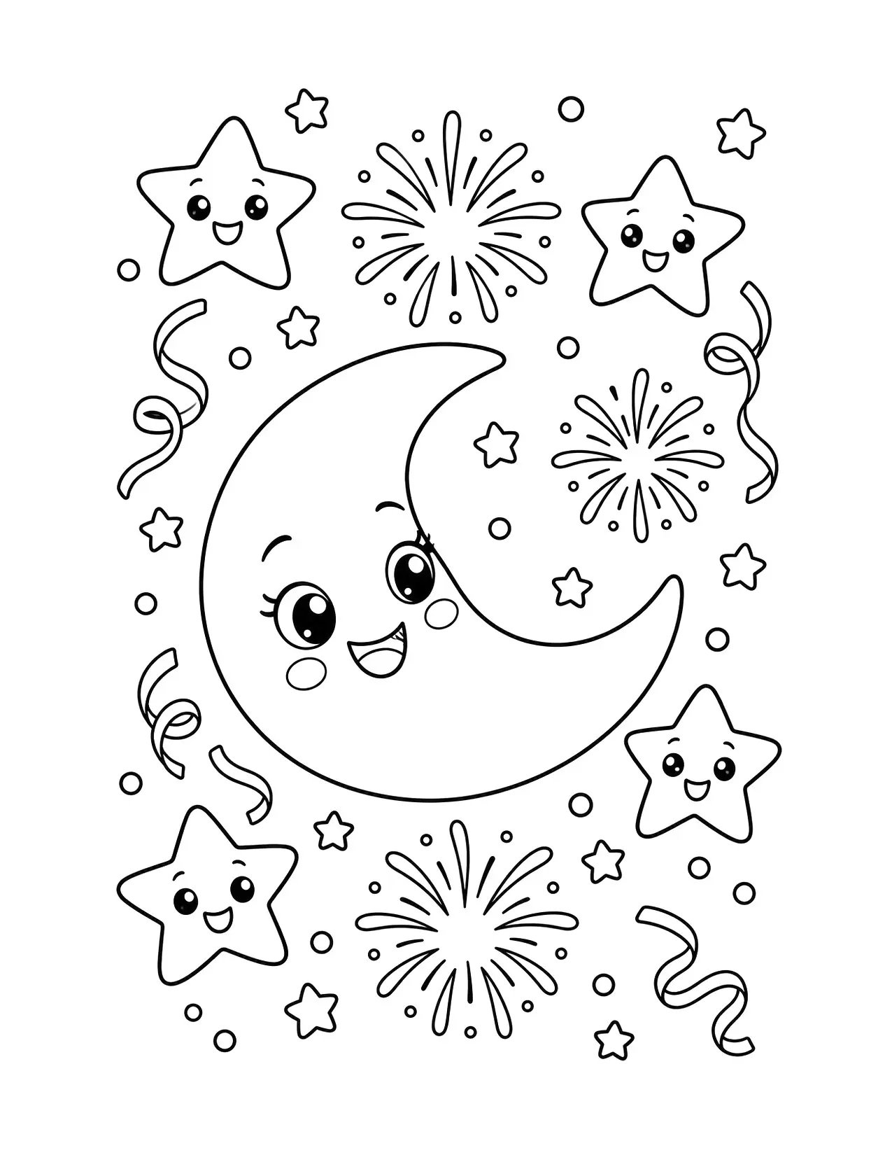 New Year coloring page of a smiling moon and stars with fireworks in the night sky