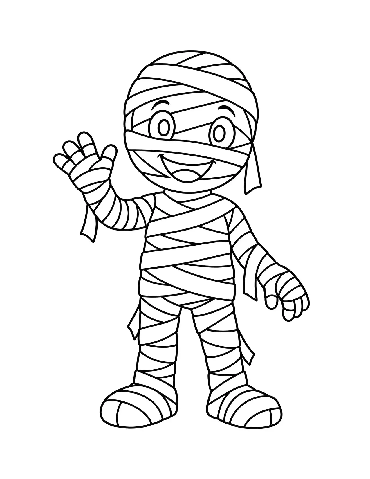 Halloween coloring page of a cute friendly mummy waving