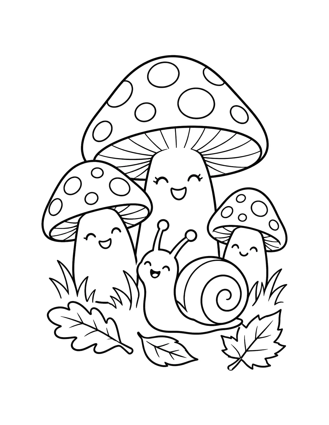 Fall coloring page of cute mushrooms with a smiling snail