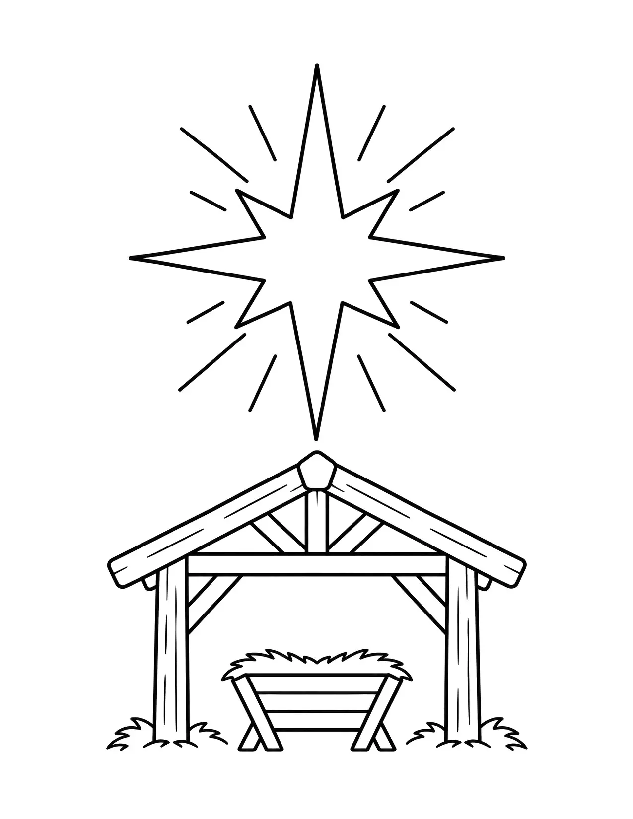 Christmas coloring page of a star shining over a stable