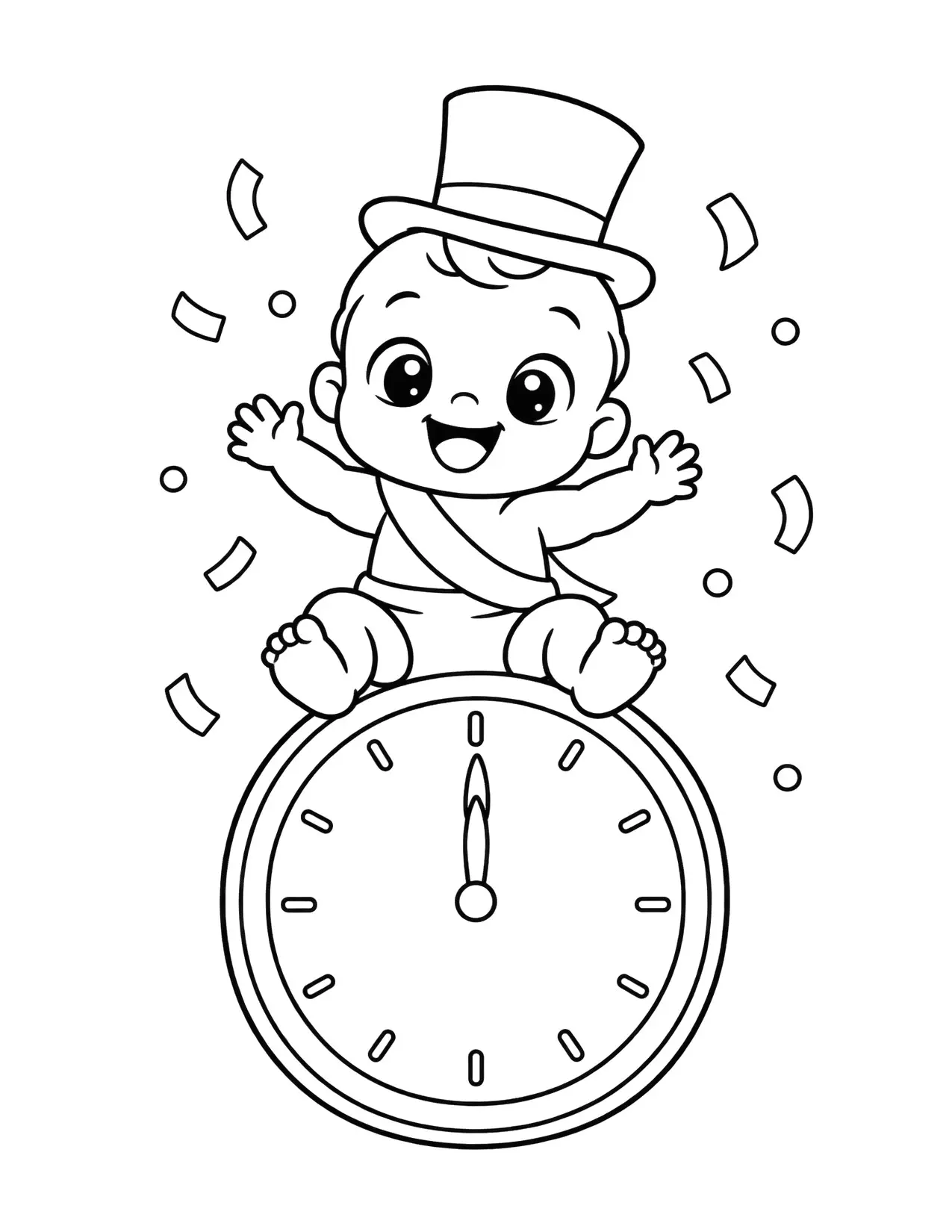New Year coloring page of a smiling baby in a top hat sitting on a big clock