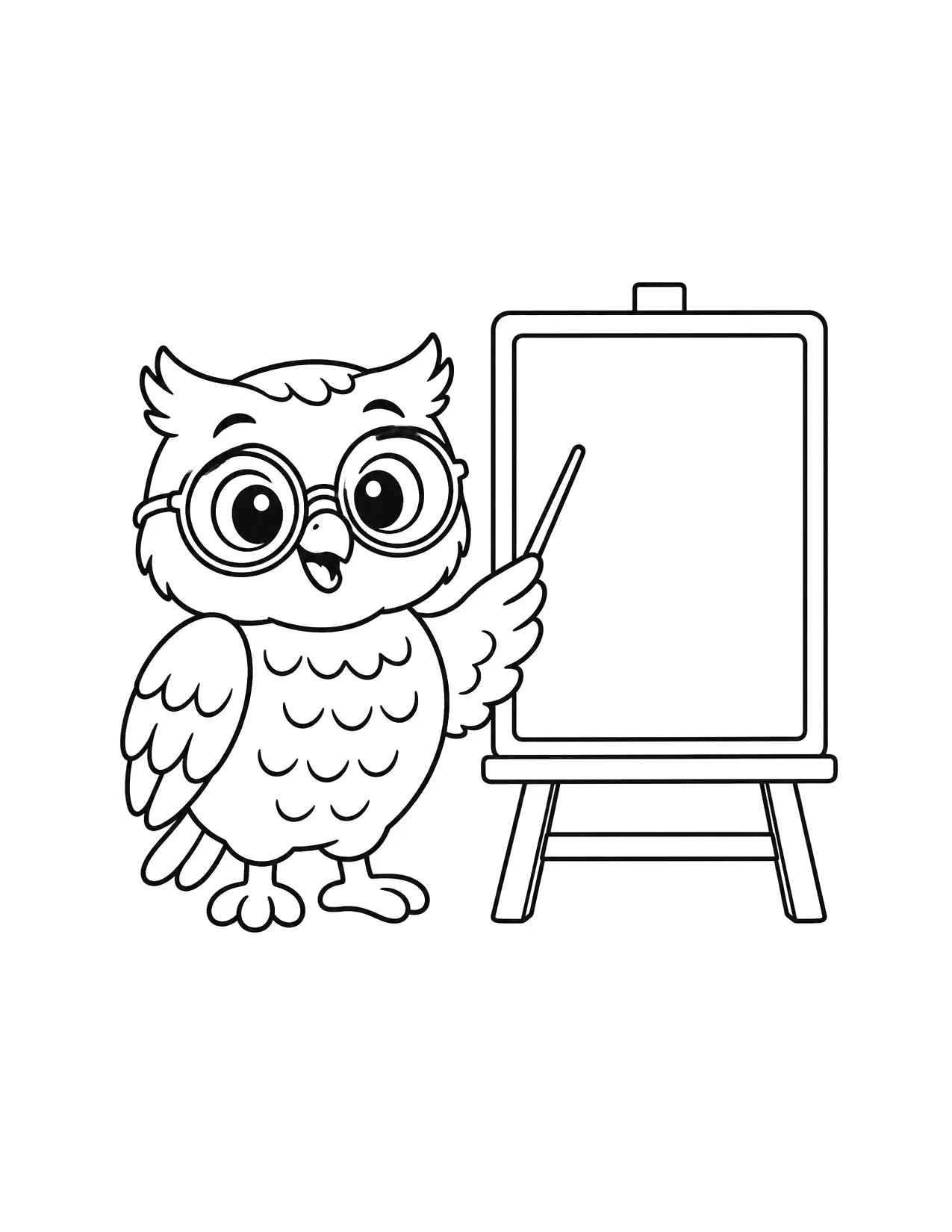 Back to school coloring page of a cute owl in round glasses next to a chalkboard