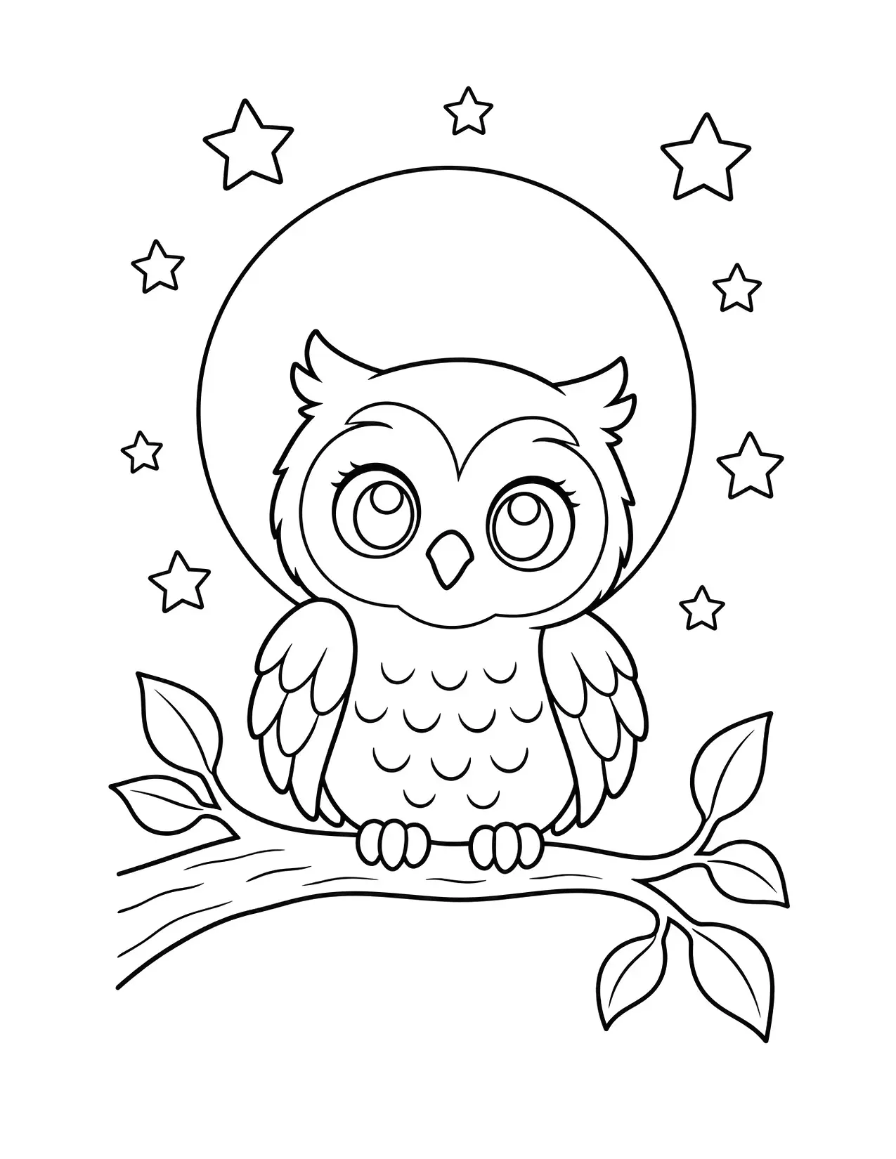 Halloween coloring page of a cute owl on a branch in front of a full moon