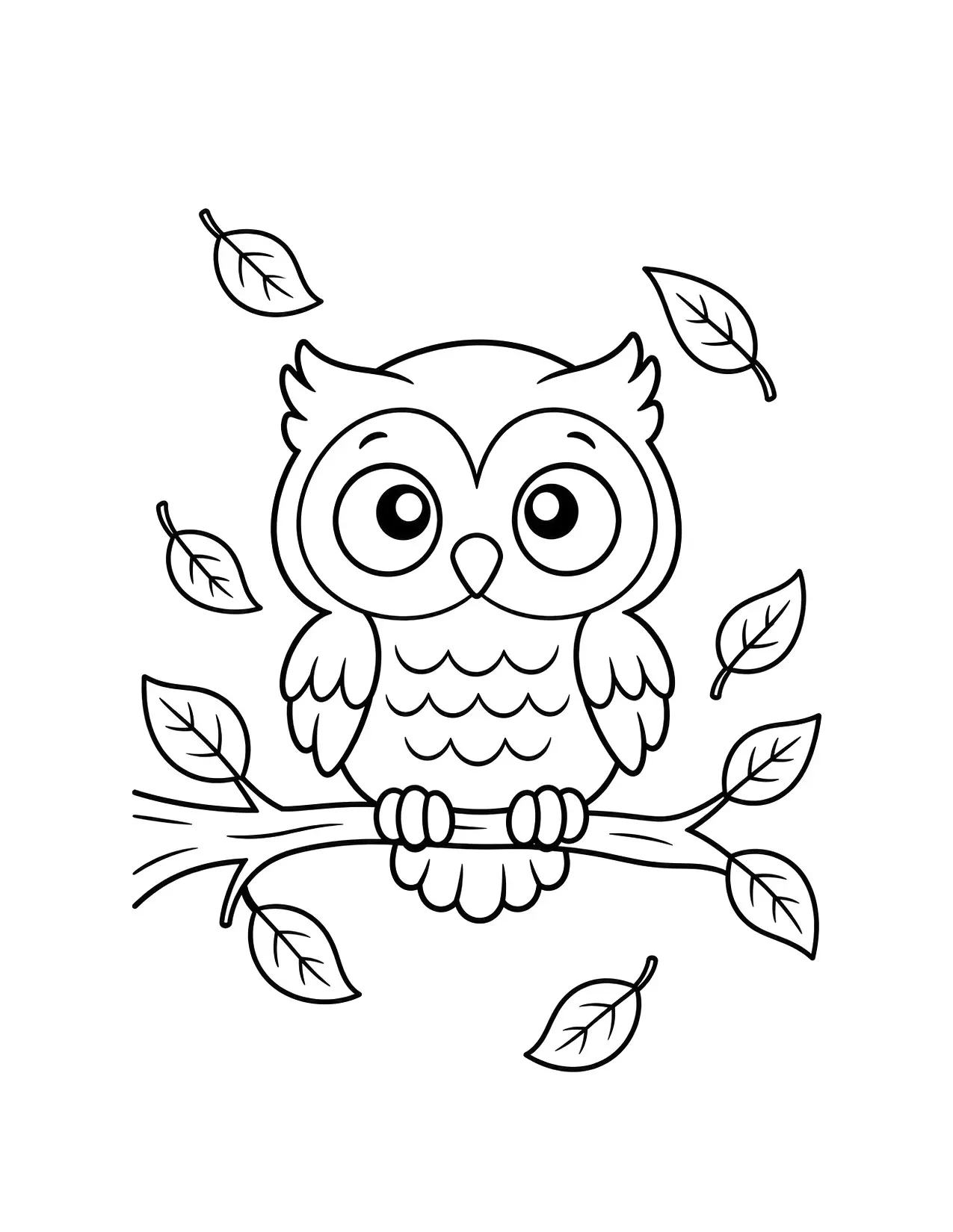 Fall coloring page of an owl on a branch with falling leaves
