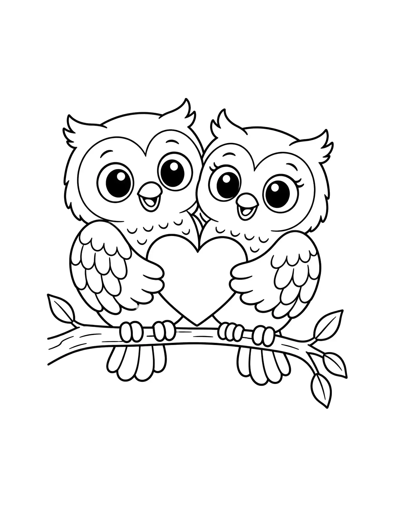 Valentine's Day coloring page of two owls on a branch sharing one big heart