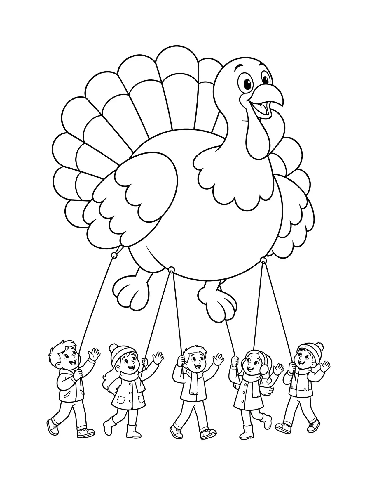 Thanksgiving coloring page of a giant turkey balloon floating over a parade