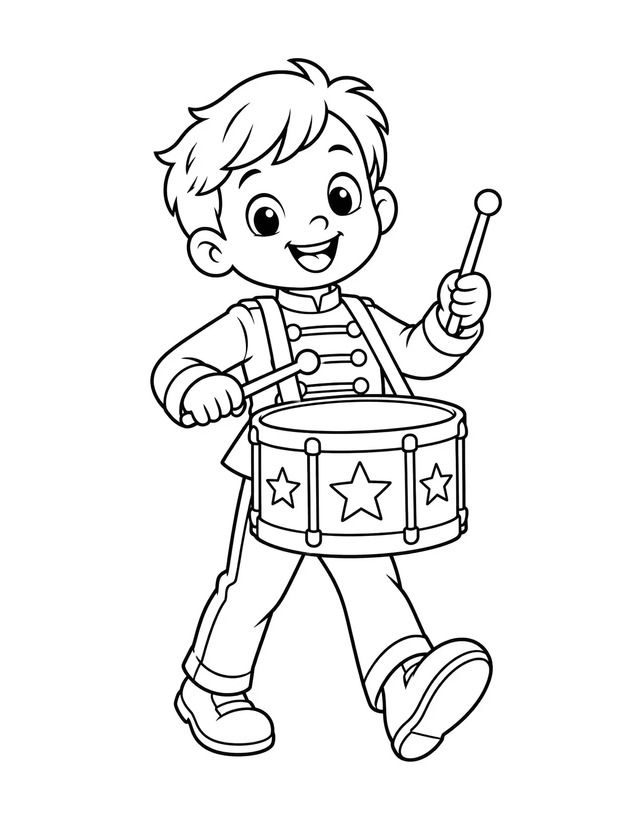4th of July coloring page of a kid marching in a parade and playing a drum with stars
