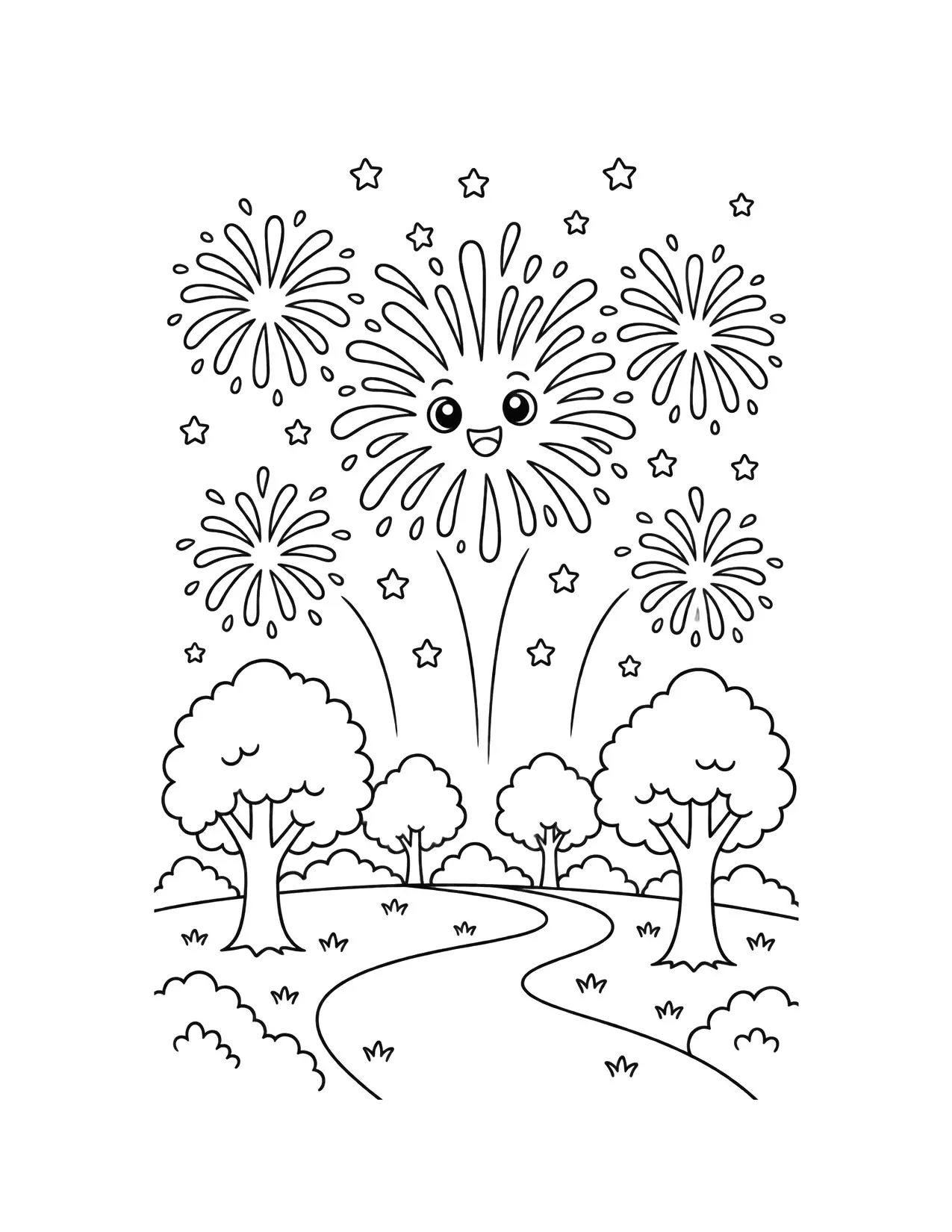 4th of July coloring page of big fireworks bursting over a park with trees