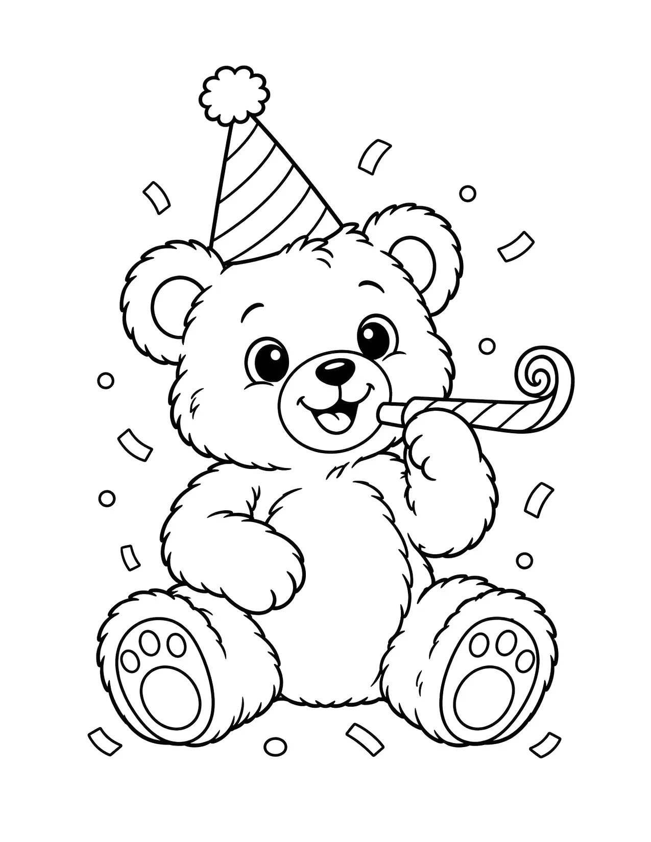 New Year coloring page of a teddy bear in a party hat with a party horn