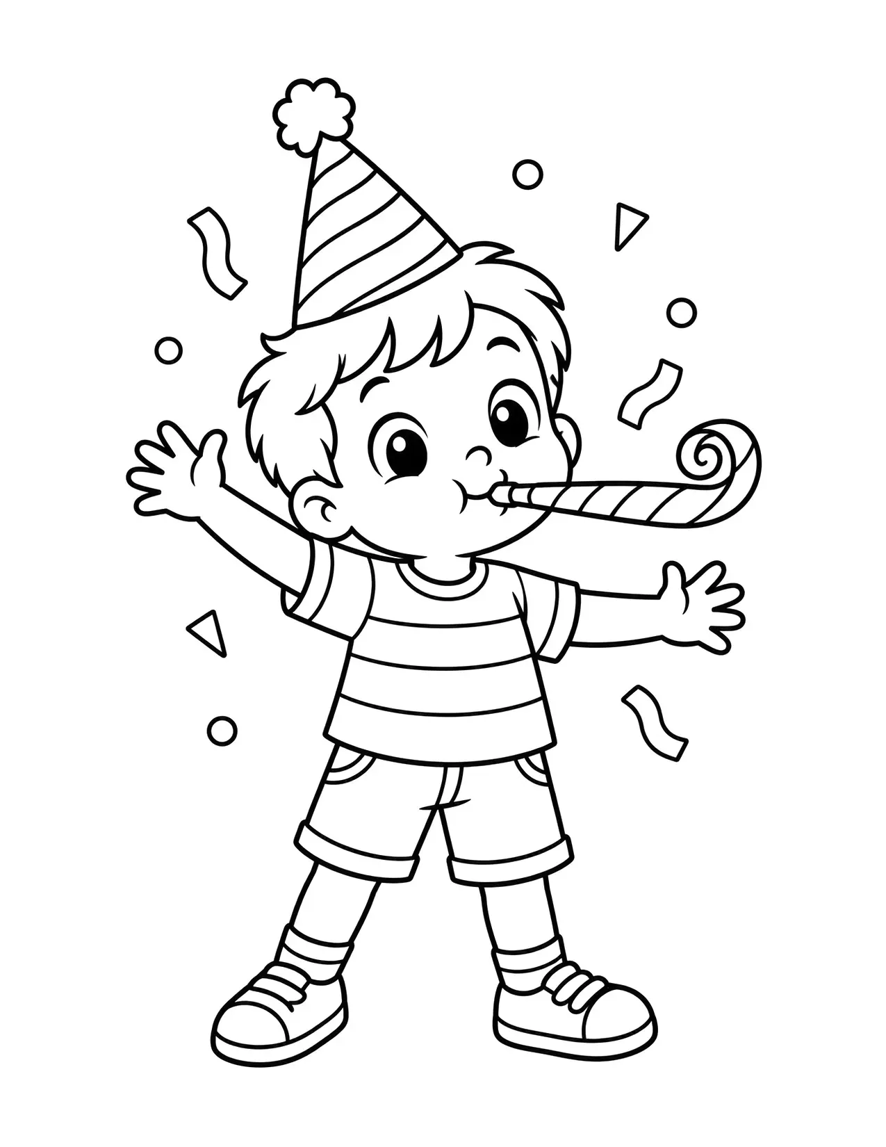 New Year coloring page of a smiling kid in a party hat blowing a party horn