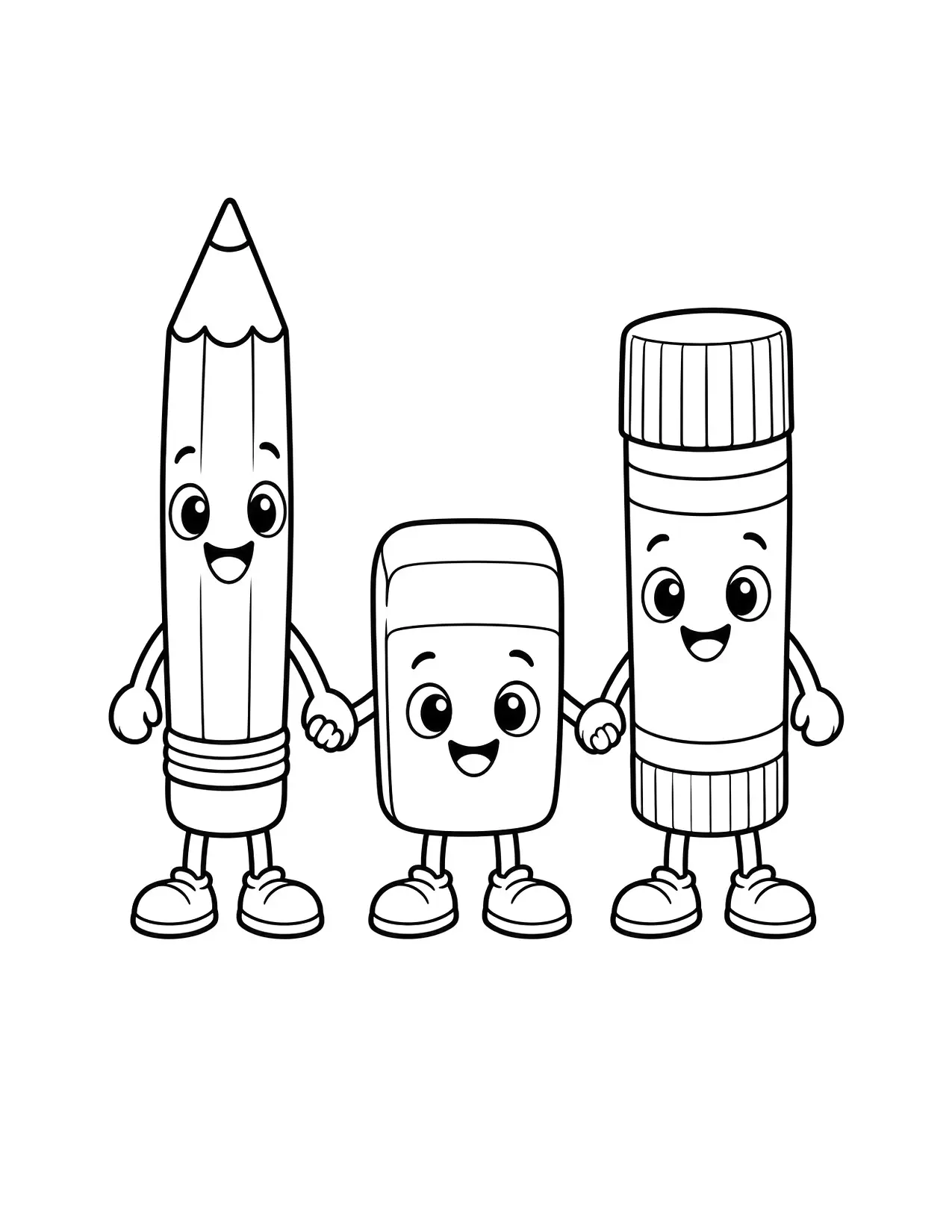 Back to school coloring page of a smiling pencil, eraser and glue stick holding hands