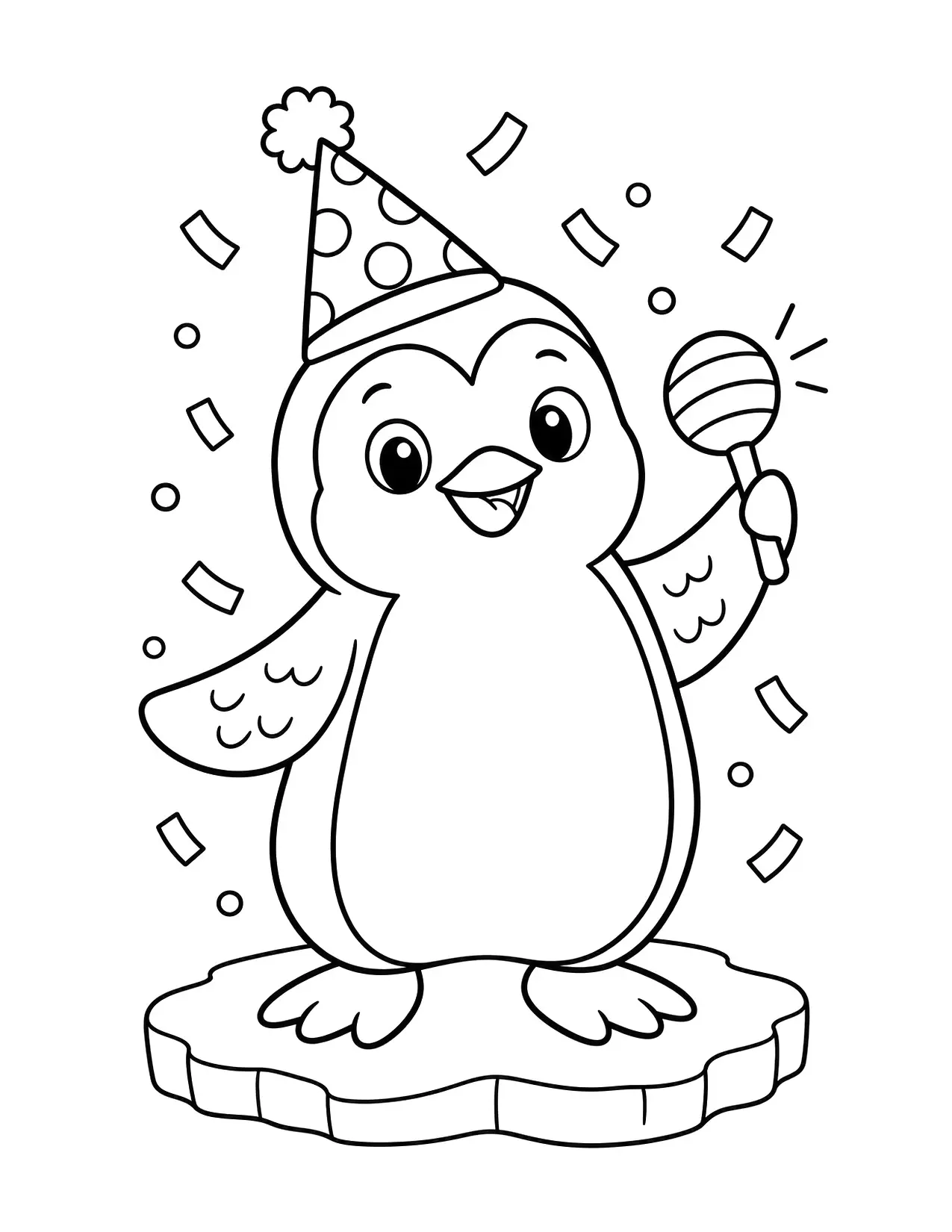 New Year coloring page of a penguin in a party hat waving a noisemaker