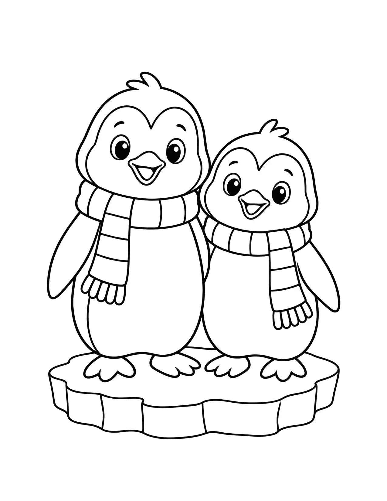 Winter coloring page of two penguins in scarves standing on the ice