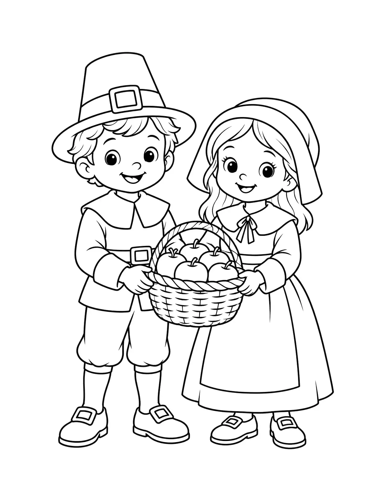 Thanksgiving coloring page of two pilgrim children with a basket of apples