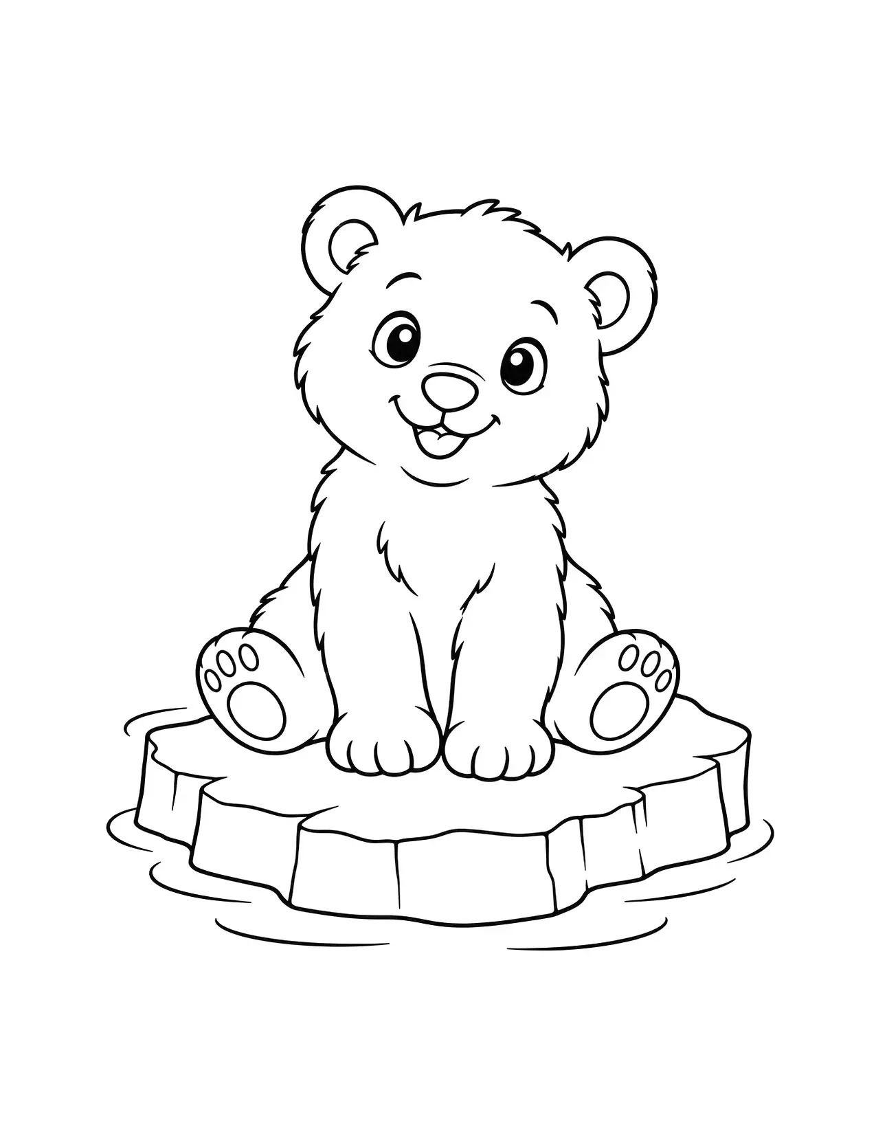 Winter coloring page of a polar bear cub on an ice floe