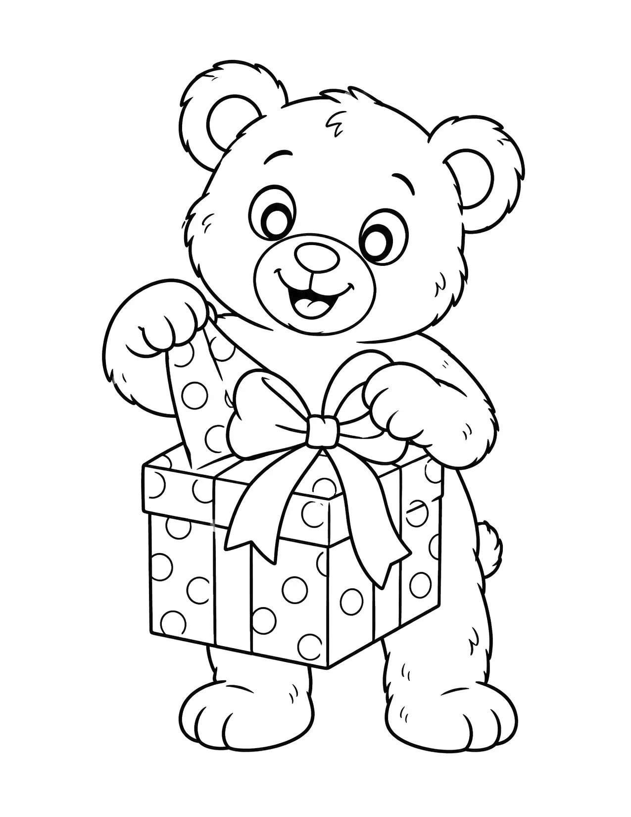 Christmas present coloring page: A teddy bear ties the ribbon on a polka-dot present
