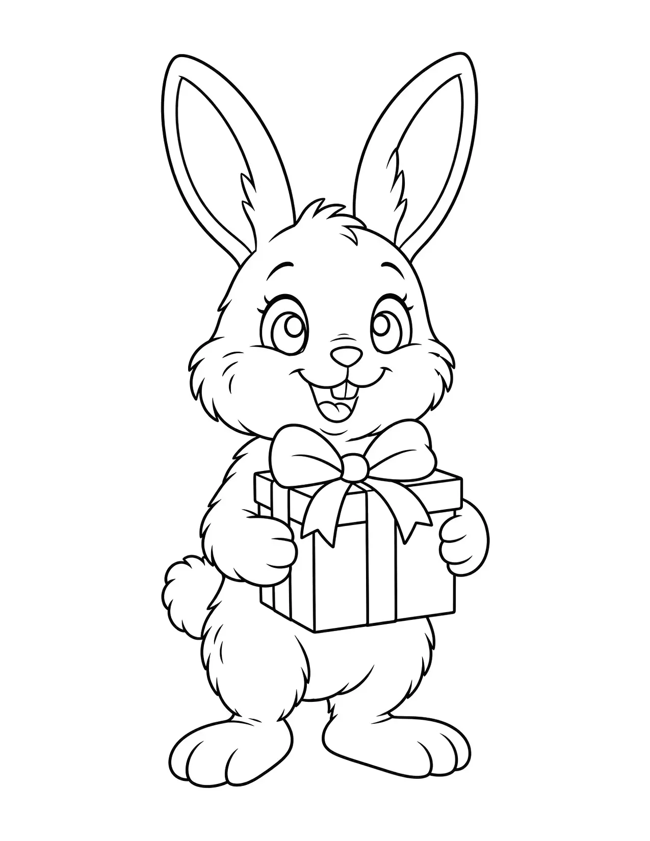 Christmas present coloring page: A bunny with tall ears holds a wrapped present with a bow