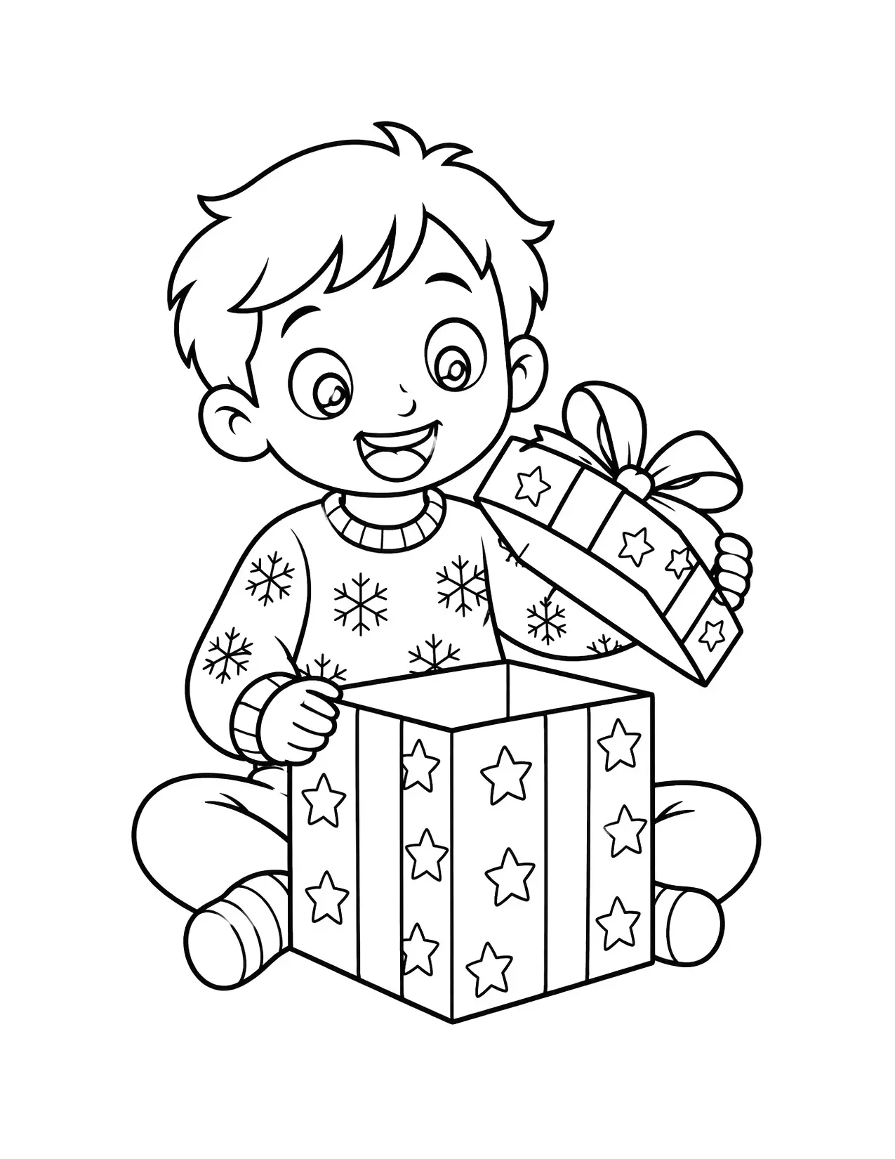 Christmas present coloring page: A boy in a snowflake sweater sits and opens a present covered in stars