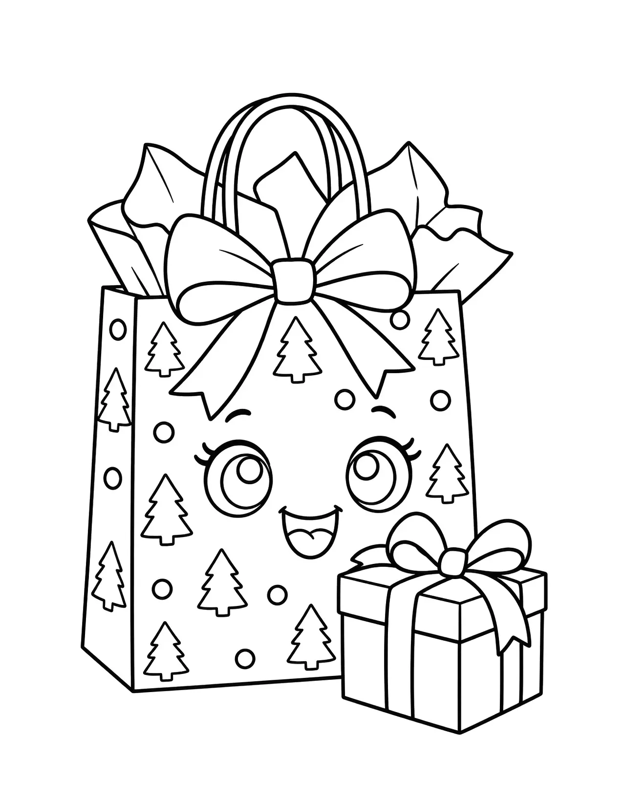 Christmas present coloring page: A smiling gift bag with tissue paper and little trees sits beside a small wrapped box