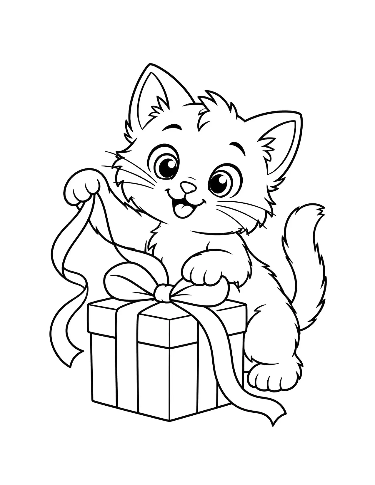 Christmas present coloring page: A kitten plays with the loose ribbon of a wrapped present