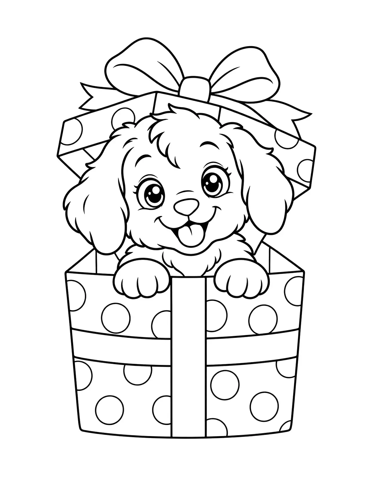 Christmas present coloring page: A puppy peeks out of a polka-dot present box with a bow on the lid