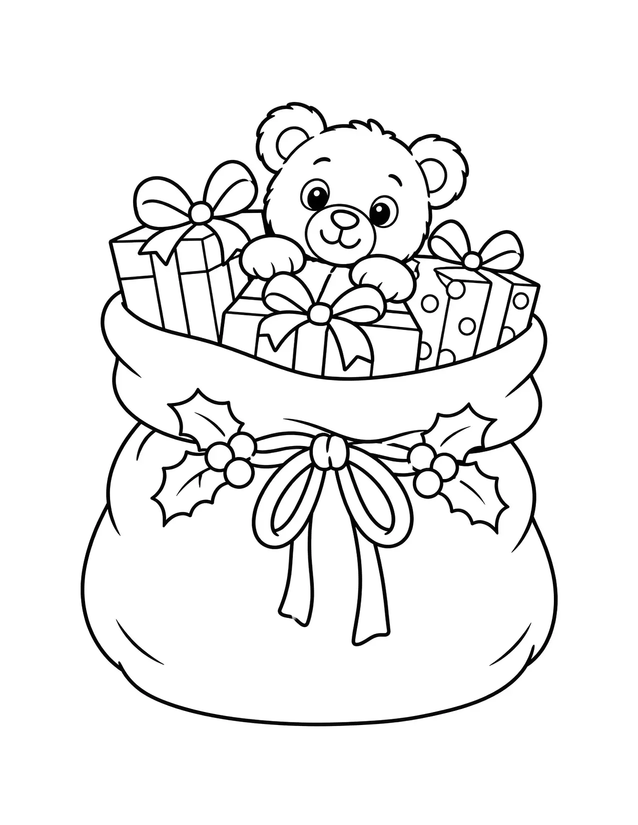 Christmas present coloring page: A sack tied with holly is full of presents, with a teddy bear on top