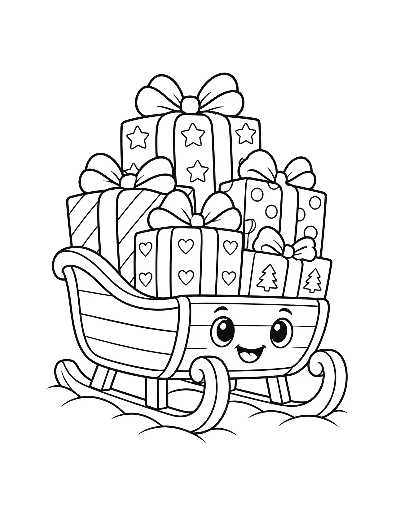 Christmas present coloring page: A smiling sled carries a tall pile of presents through the snow