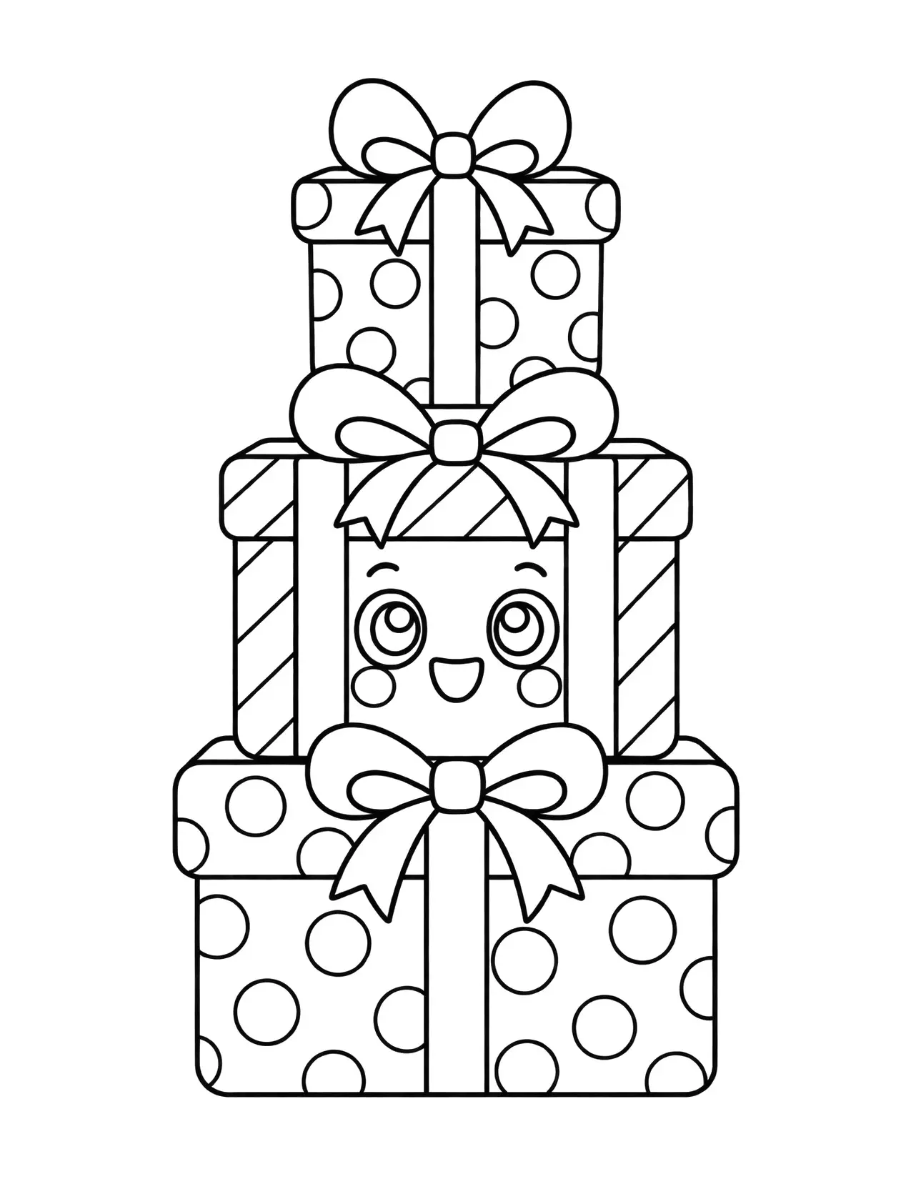 Christmas present coloring page: Three presents with bows sit in a stack, the middle one smiling