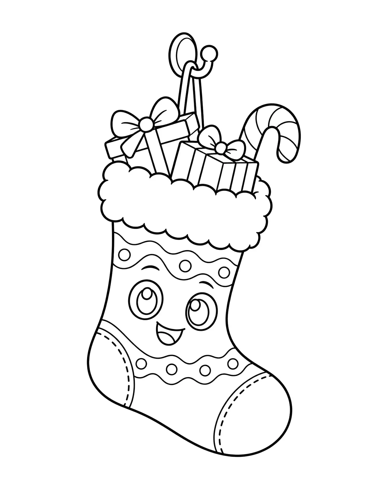 Christmas present coloring page: A smiling Christmas stocking is stuffed with presents and a candy cane