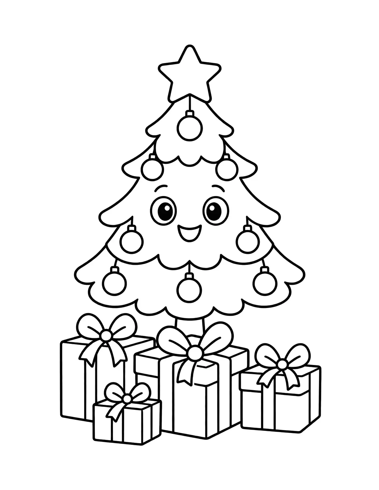 Christmas present coloring page: A smiling Christmas tree with ornaments and a star has presents piled underneath