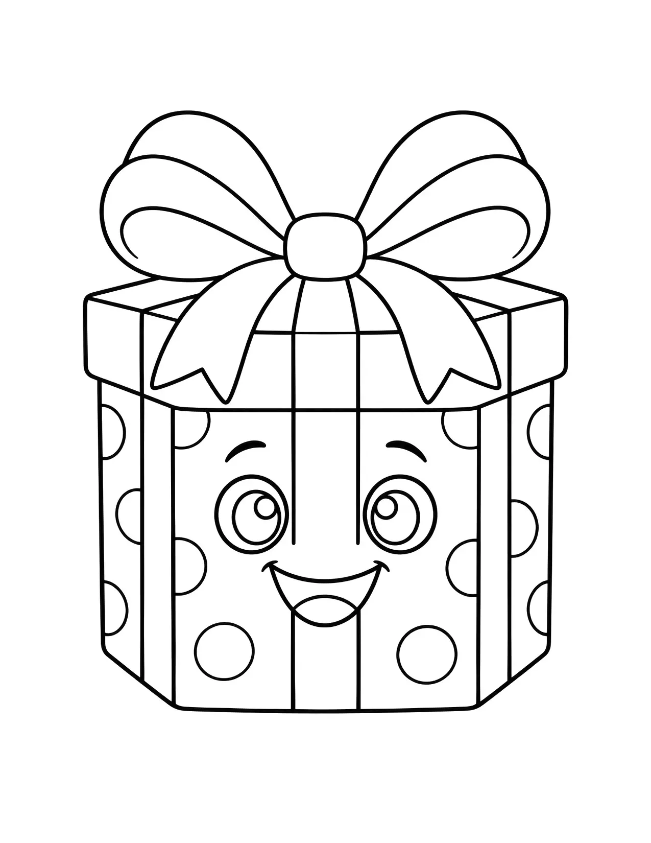 Christmas present coloring page with a smiling wrapped present box and a big ribbon bow