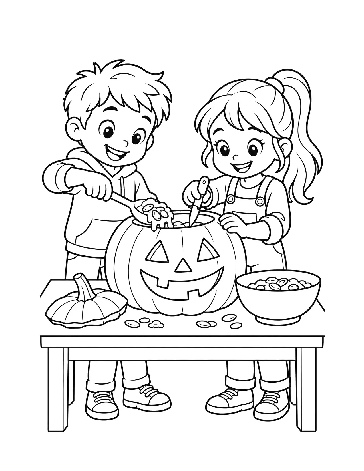 Halloween coloring page of two children carving a pumpkin