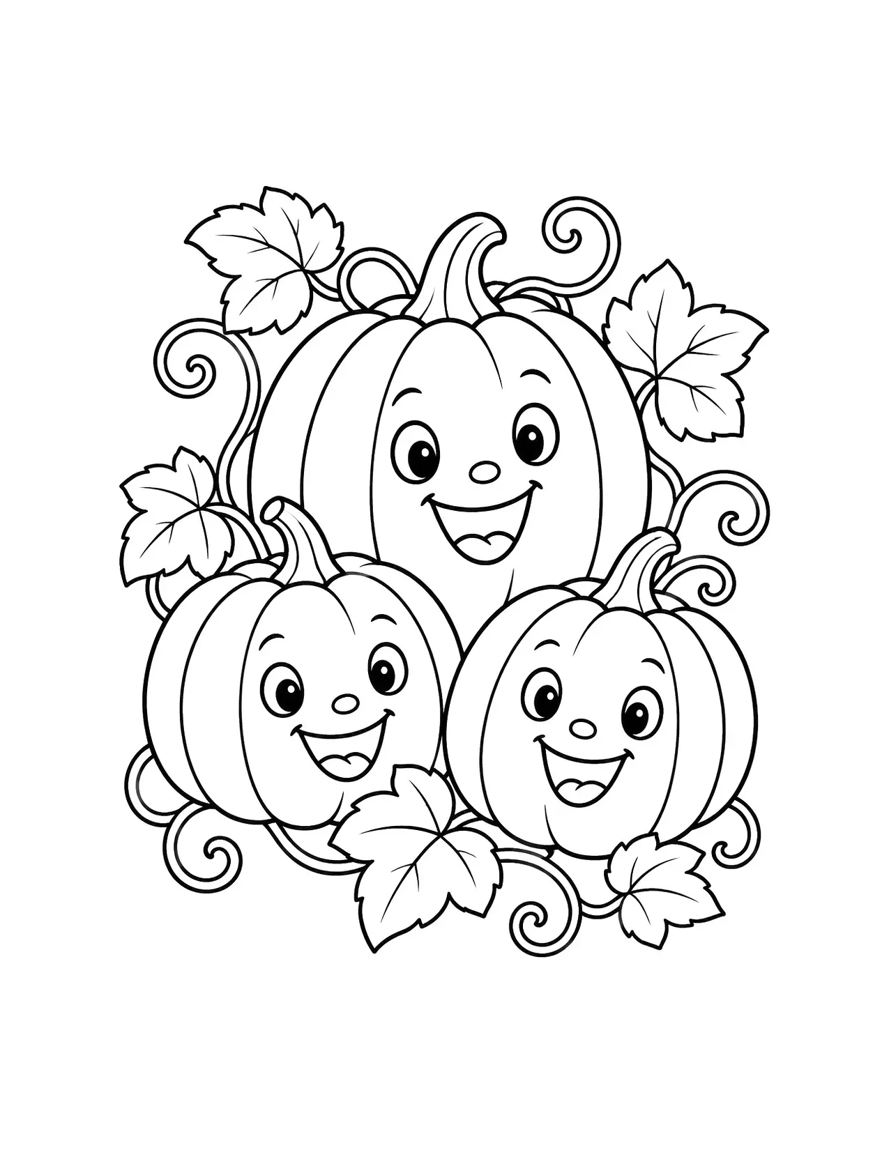 Fall coloring page of smiling pumpkins on curly vines