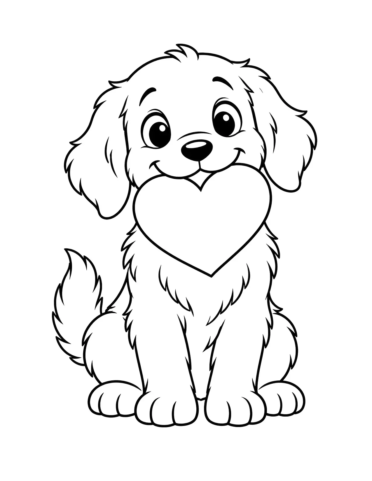 Valentine's Day coloring page of a puppy holding a heart in its mouth